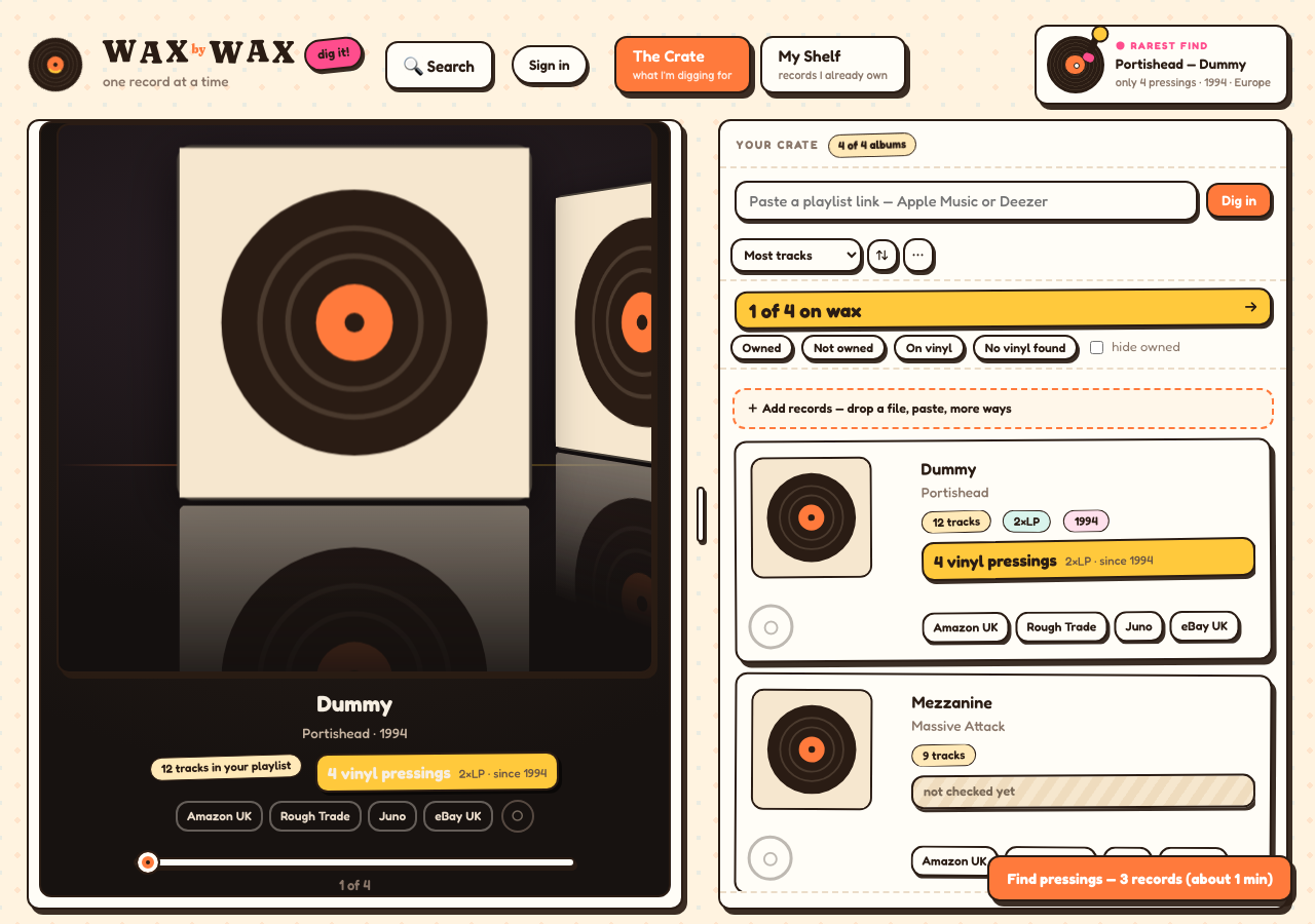 The Wax by Wax app: a booth flipping through records on the left, your crate of albums with pressing verdicts on the right